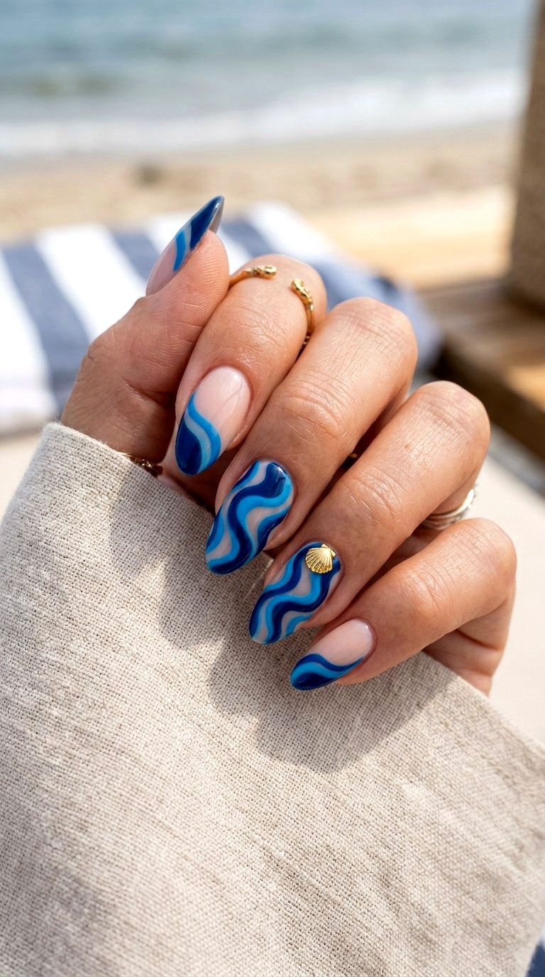 Coastal Blue Medium Almond Summer Nails - 20 Medium Almond Summer Nails