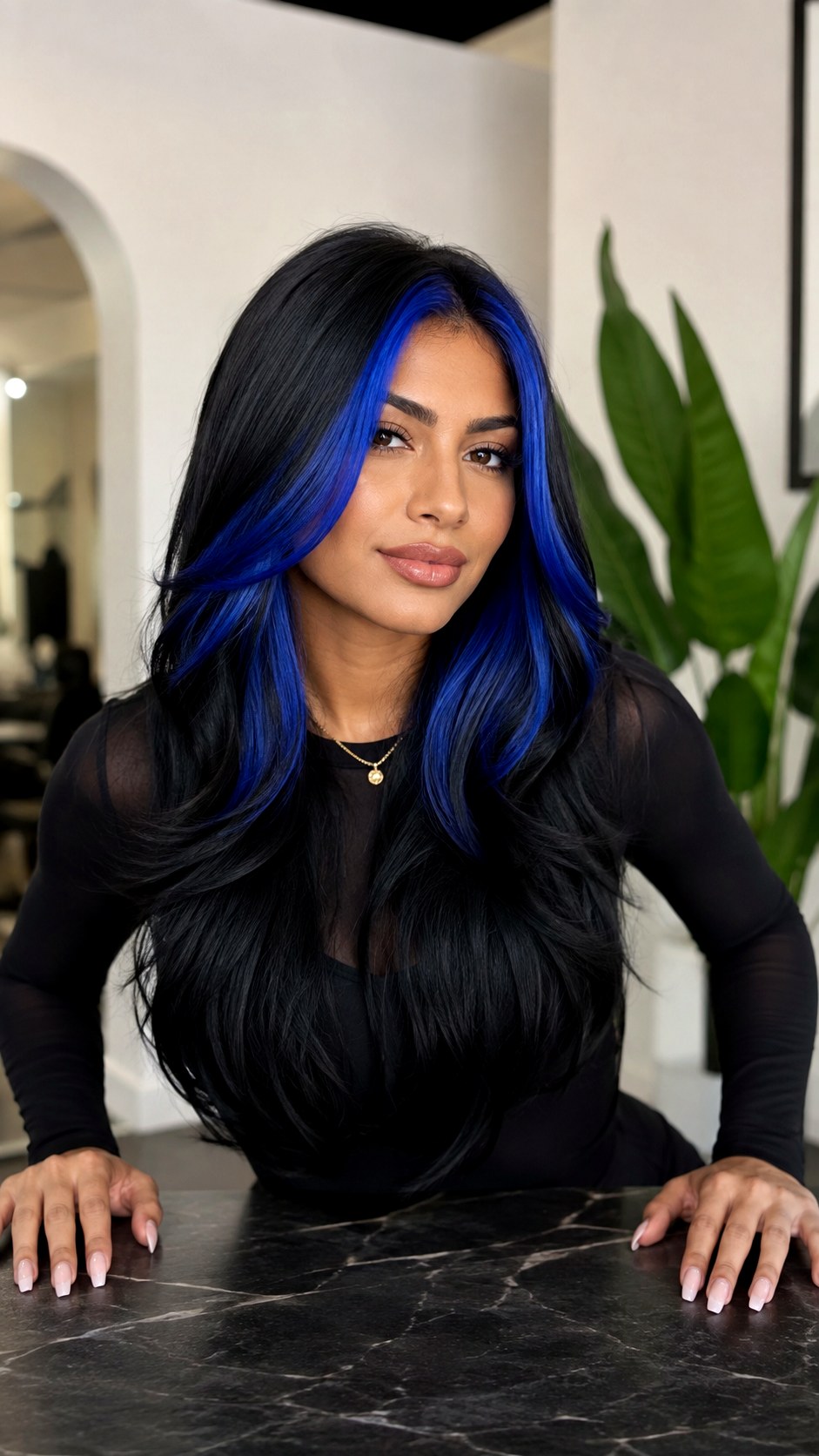 Cobalt Money Piece on Jet Layers - 22 haircut long layers ideas