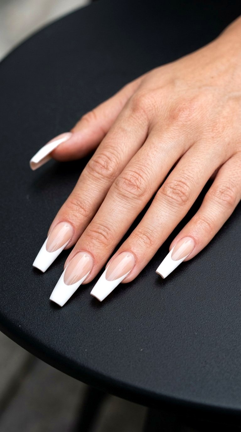 Coffin Shaped White French Manicure - 20 White French Tip Nail Design Ideas