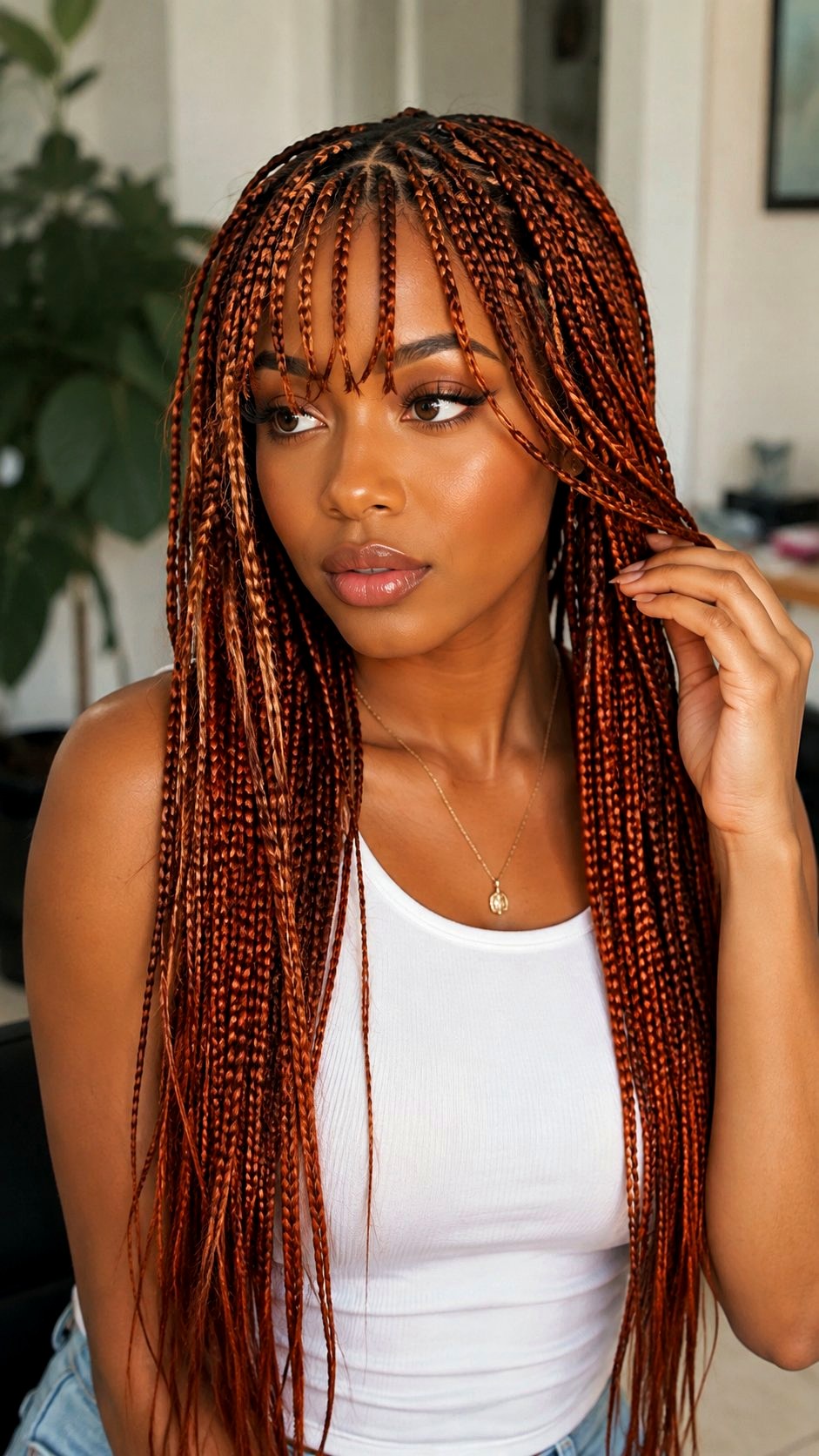 Copper Money Piece on Box Braids with Bangs - 25 bangs copper ideas