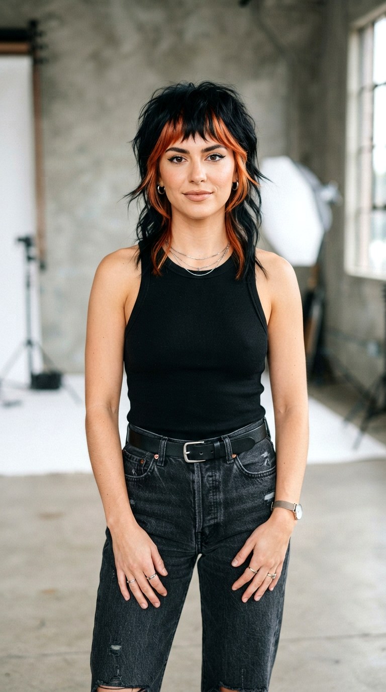 Copper Money Piece on Jet Black Mullet - 22 hair dye ideas highlights