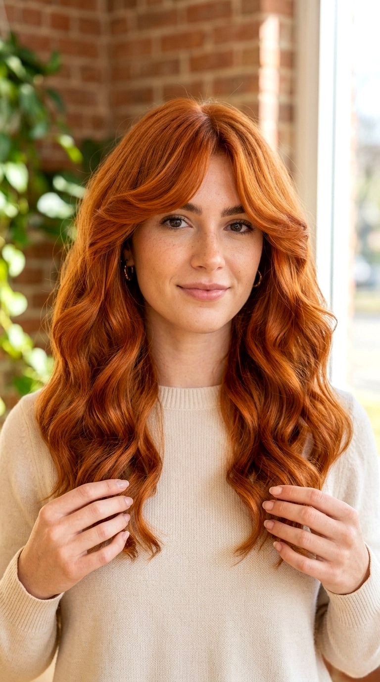Copper Swoopy Bangs with Waves - 21 curtain bangs copper ideas