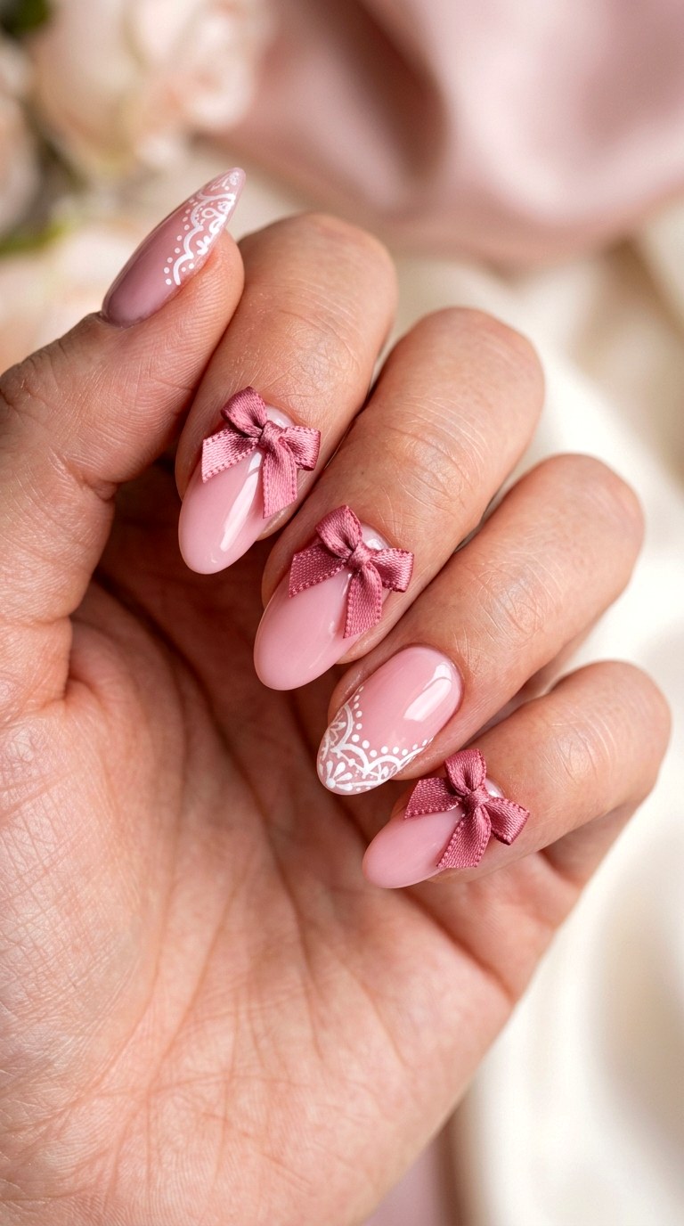 Coquette Pink Bows and Lace Nails - 24 teen nail art ideas