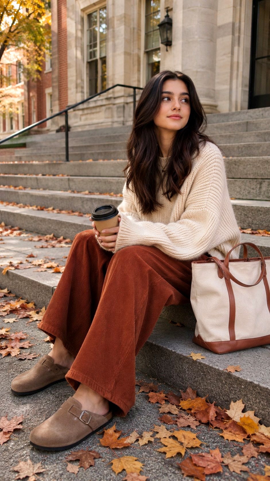 Corduroy Pants with oversized Sweater - 21 Back to School  And High School Outfit Ideas