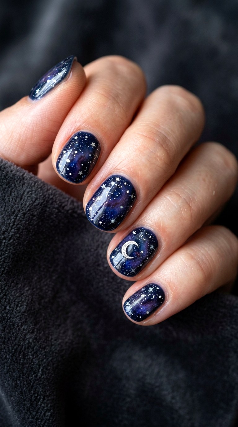 Cosmic Starry Night Nail Art - 23 short teen nail art ideas