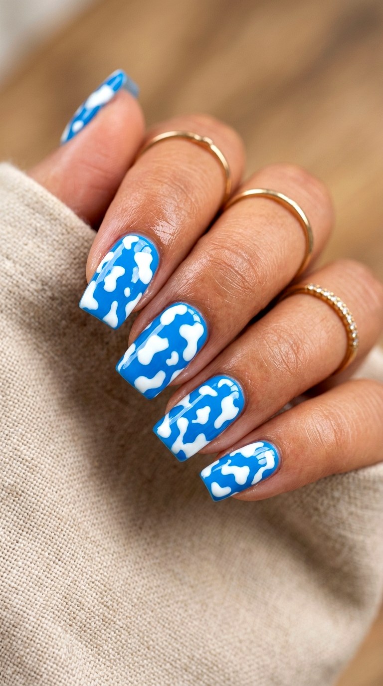 Cow Print Bright Blue Nails - 22 bright blue nails