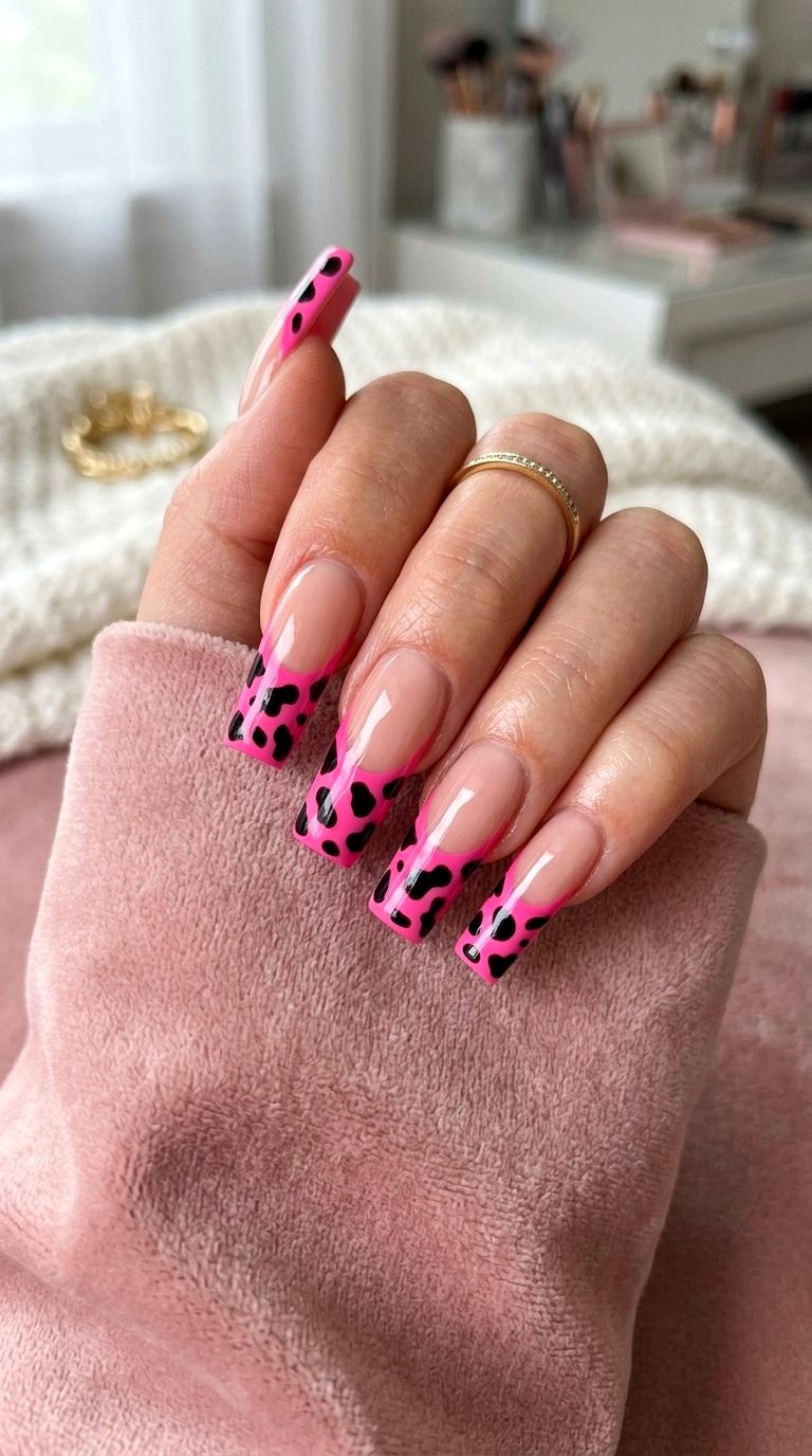 Cow Print Bright Pink French Tip Nails - 21 bright pink french tip nails