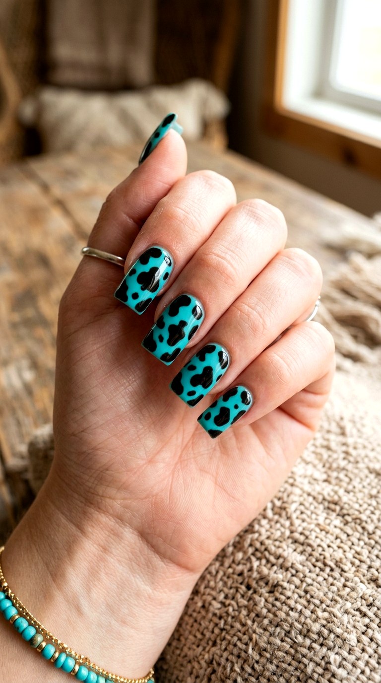 Cow Print Teal Nail Art - 24 Teal Nail Art Ideas
