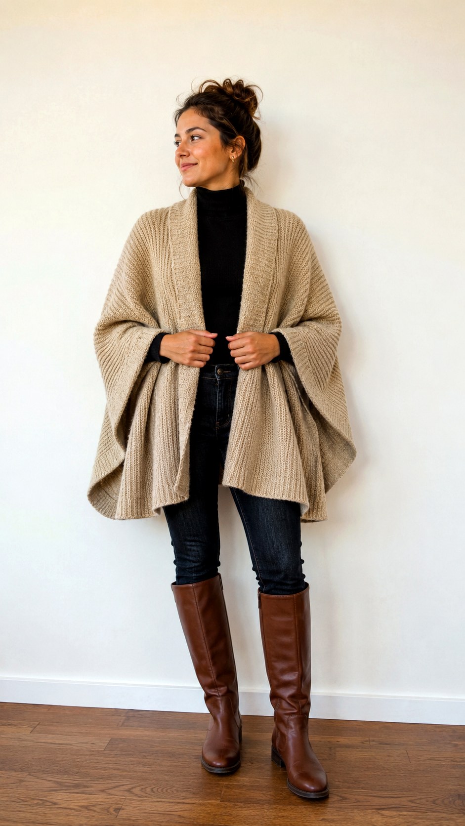 Cozy Chunky Knit Cape Outfit Ideas - 24 pleated trouser outfit ideas