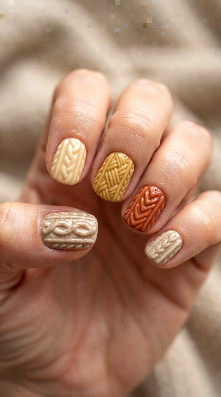 Cozy Sweater Knit Texture Nails - 22 teen back to school nail art designs