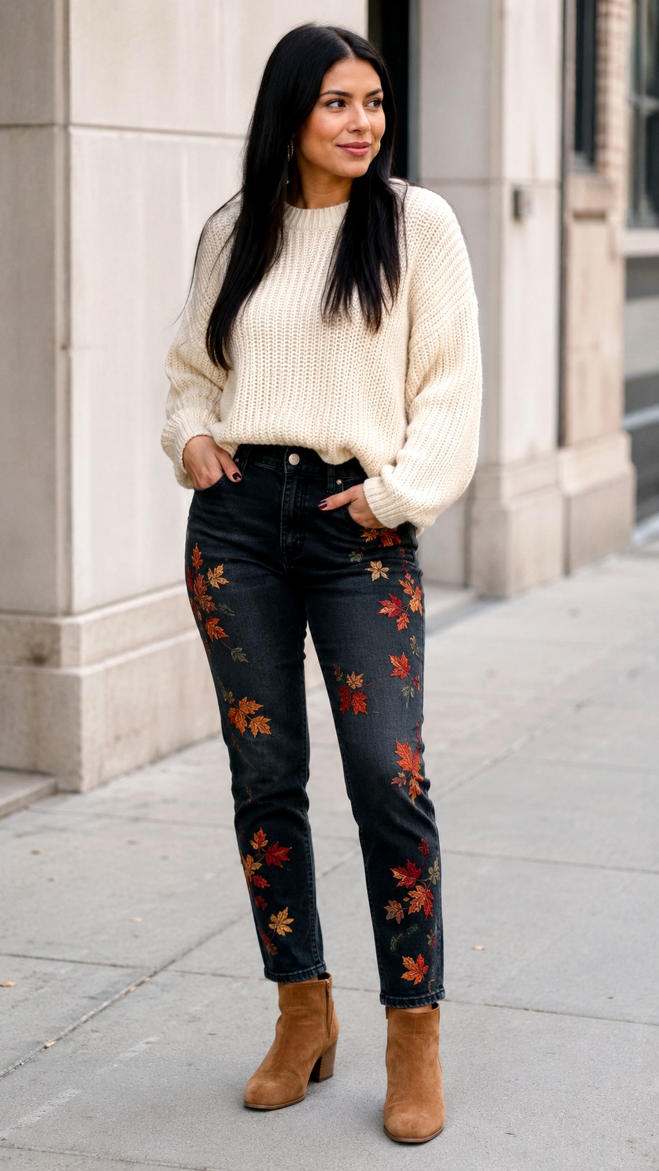 Cozy Sweater With Painted Denim Jeans - 23 senior painted jean outfit ideas