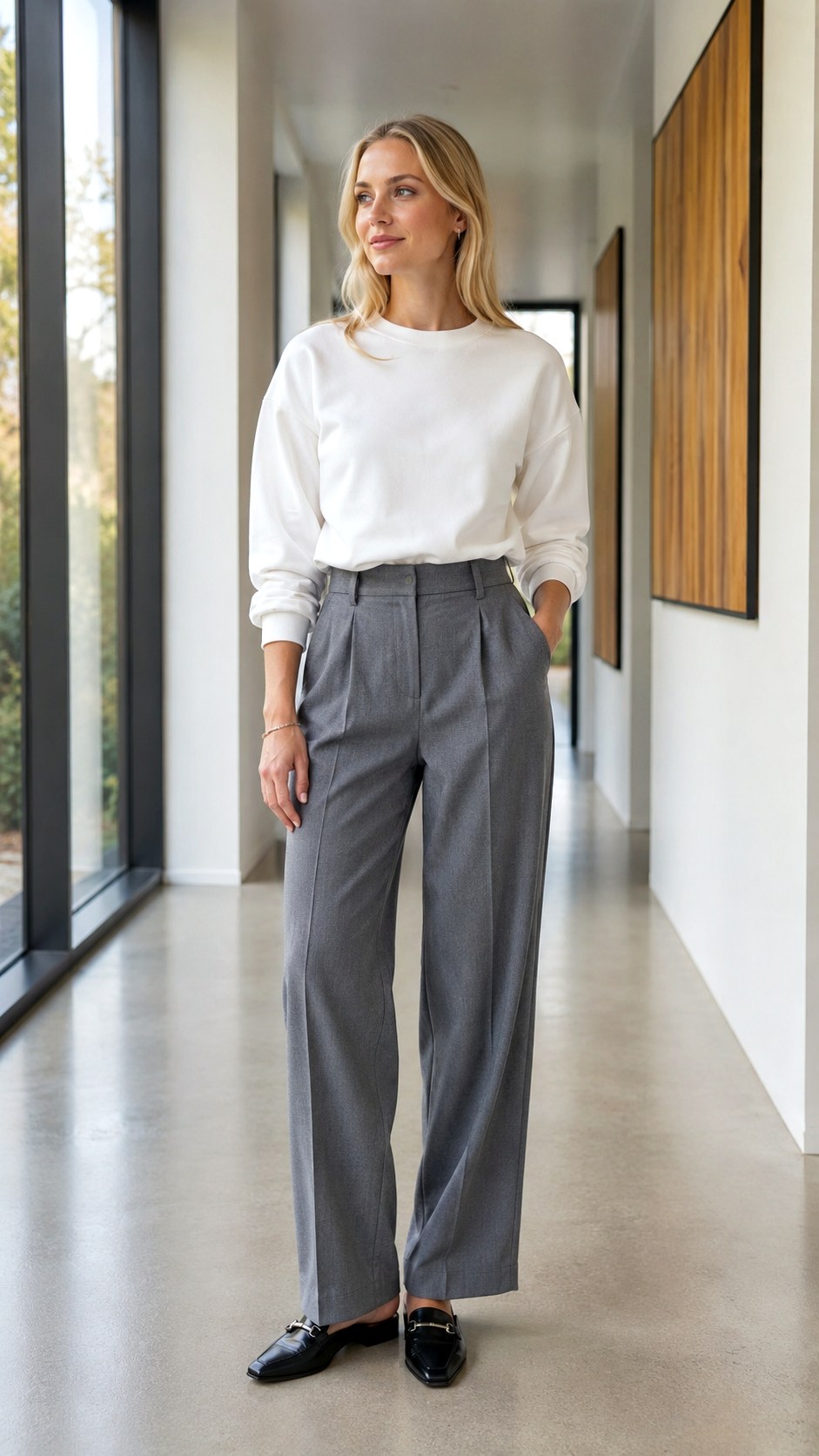 Cozy White Sweatshirt With Tailored Trousers - 20 white sweatshirt outfit ideas