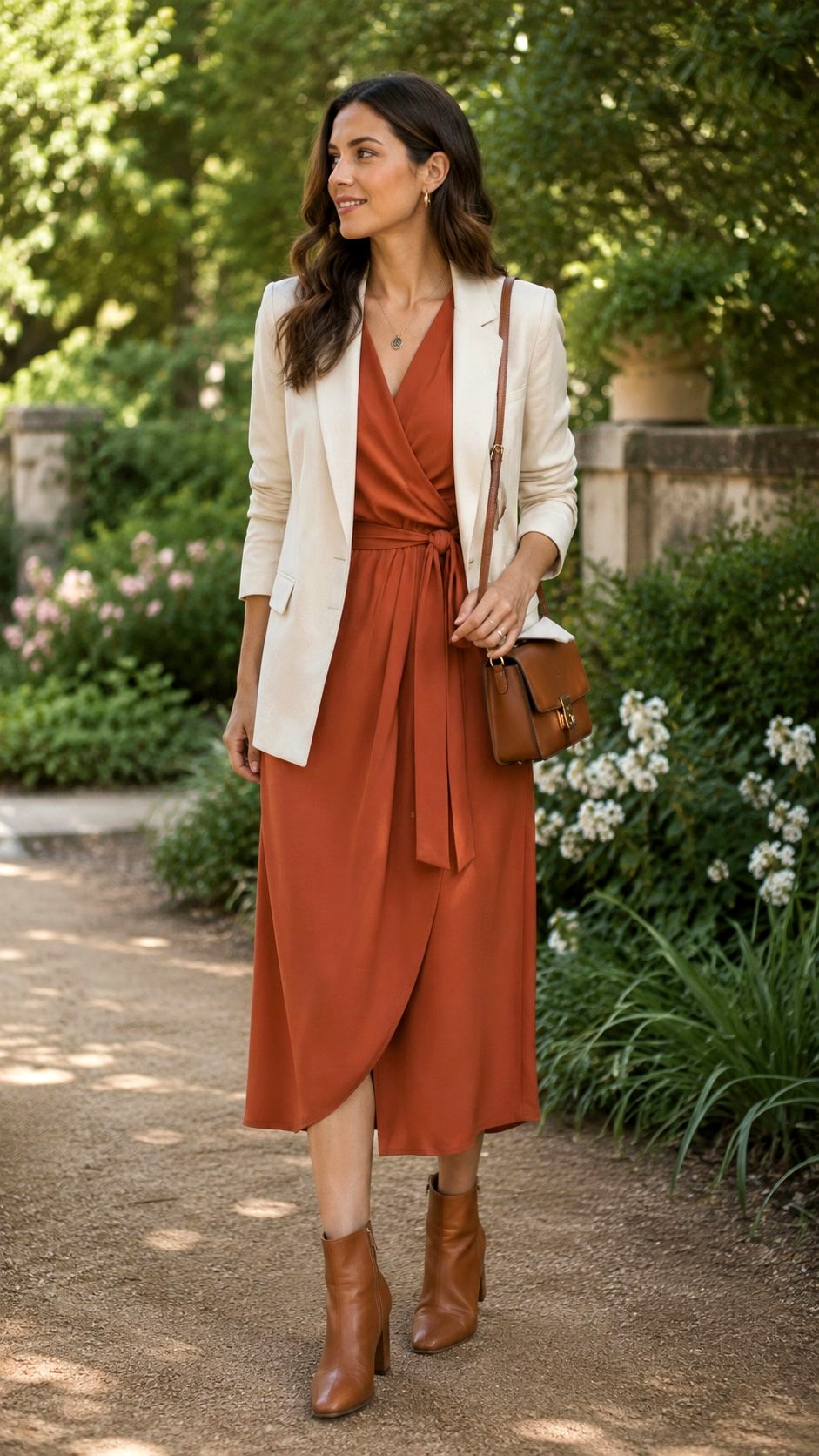 Cream Blazer Over Terracotta Midi Dress - 20 Terracotta & Cream Blazer Outfit Ideas