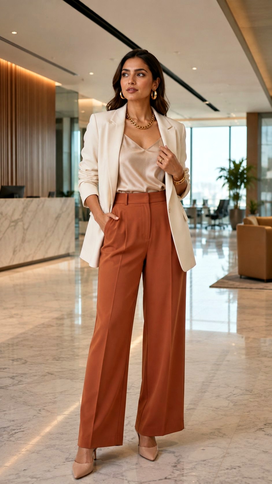 Cream Blazer With Terracotta Wide Leg Pants - 20 Terracotta & Cream Blazer Outfit Ideas