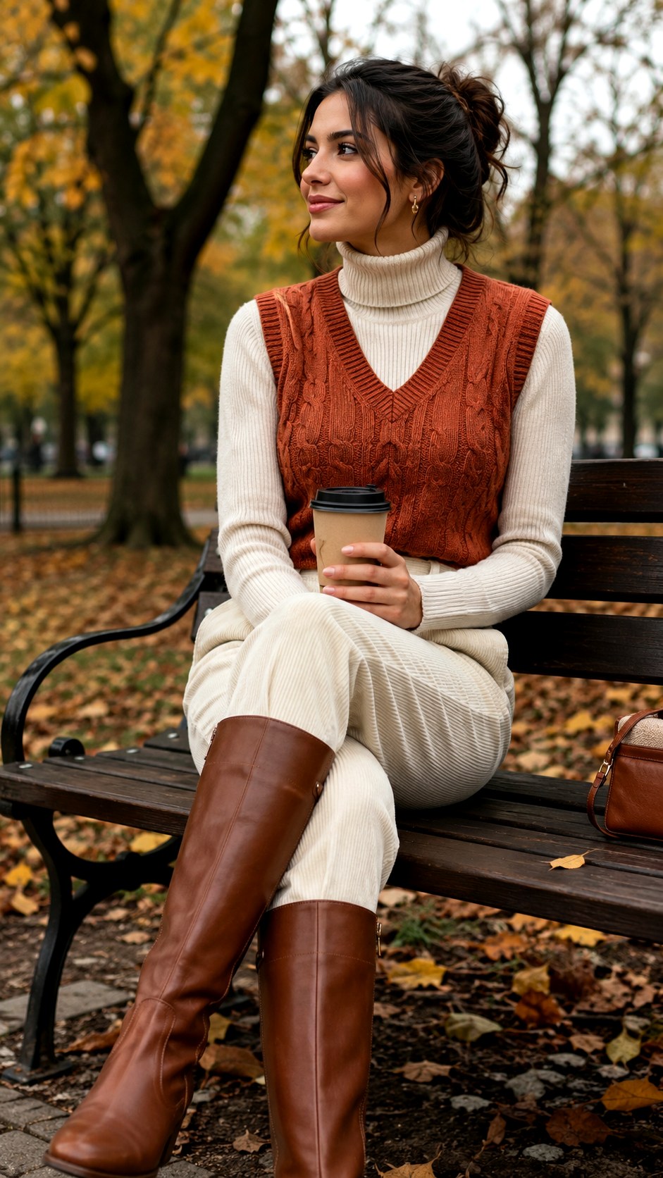 Cream Knitwear And Terracotta Vest - 21 Terracotta Vest Outfit Ideas