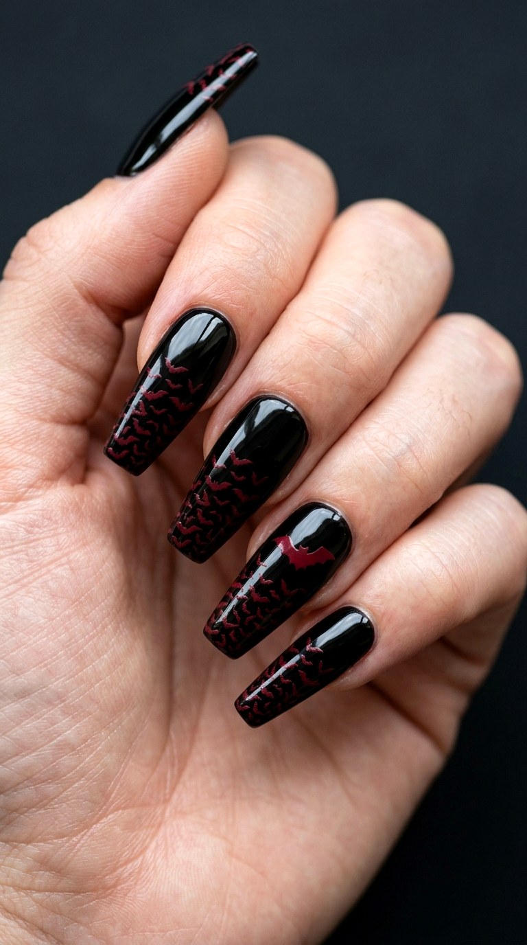 Crimson Bat Swarm Gothic Nail Art - 23 gothic coffin nail art designs