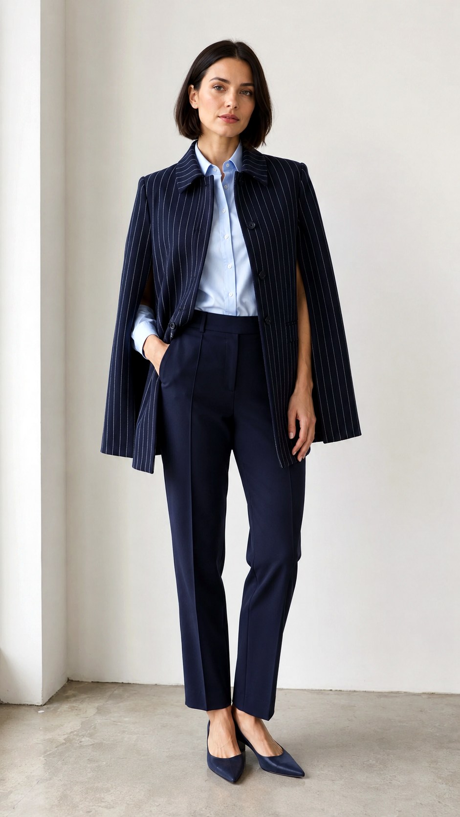 Crisp Tailored Pinstripe Cape Outfit Ideas - 24 pleated trouser outfit ideas
