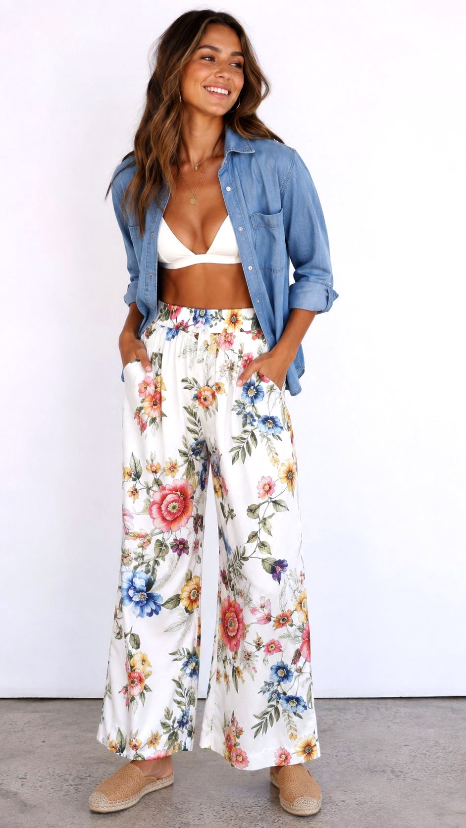 Crisp White Background Floral Palazzo Pants - 20 floral palazzo ideas