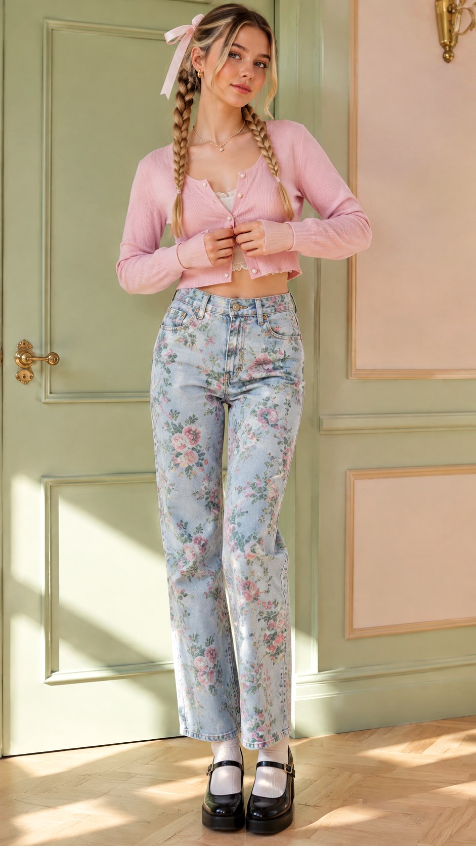 Cropped Cardigan and High Waist Florals - 21 flower jeans outifit ideas