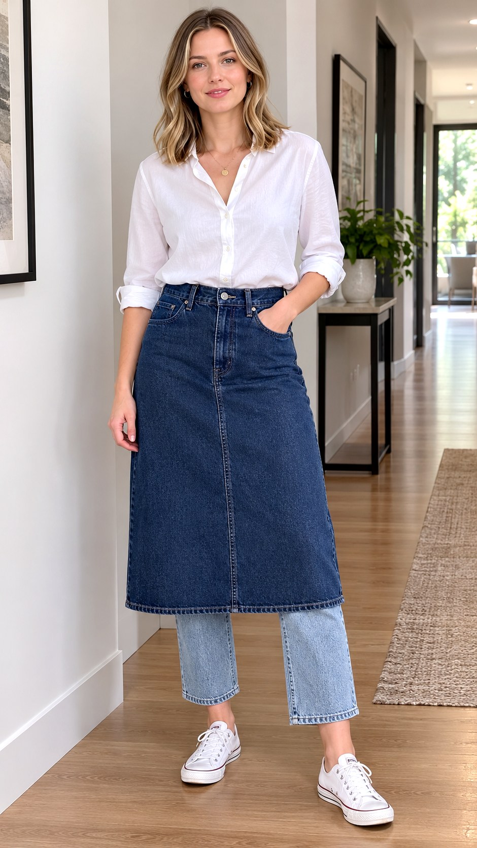 Cropped Denim Button Skirt - 20 elegant jean outfit ideas