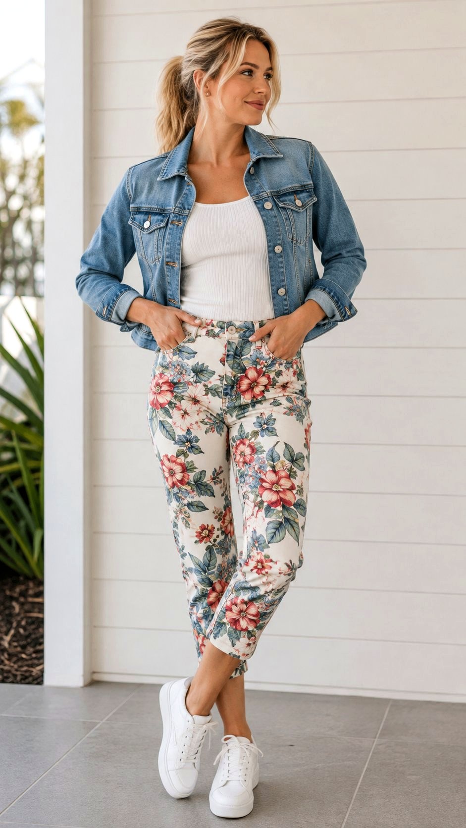 Cropped Floral Print Pants With Denim Jacket - 21 floral print pants ideas