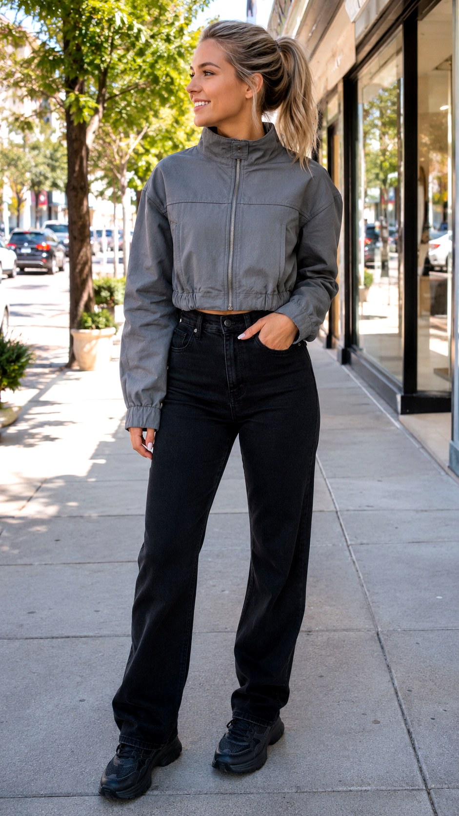 Cropped Gray High Collar Jacket - 21 high collar jacket outfit ideas