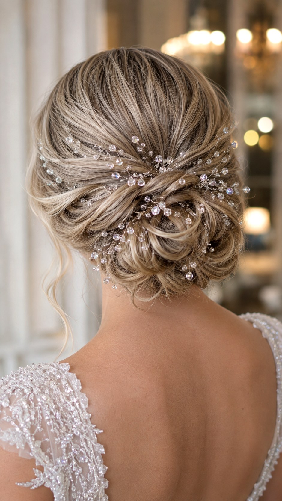 Crystal Beaded Low Bun Wedding Hairstyle - 25 low bun hairstyles wedding ideas
