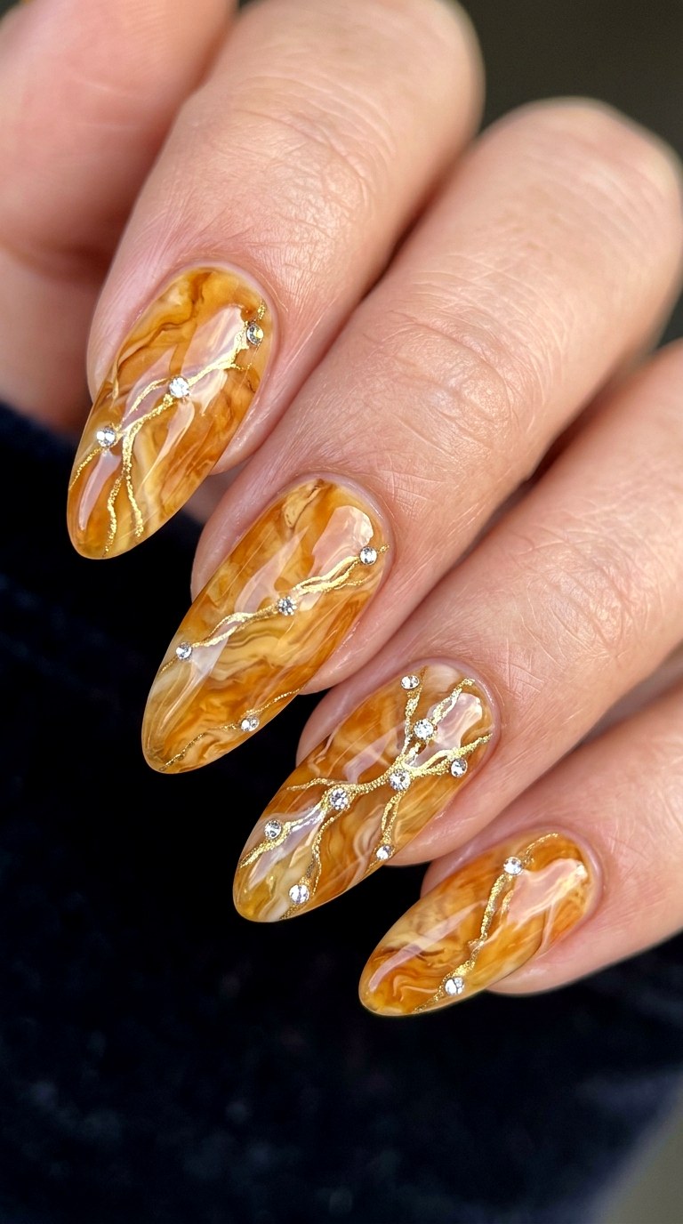 Crystal Studded Amber Marble Tips - 22 Glossy Amber Marble Nails