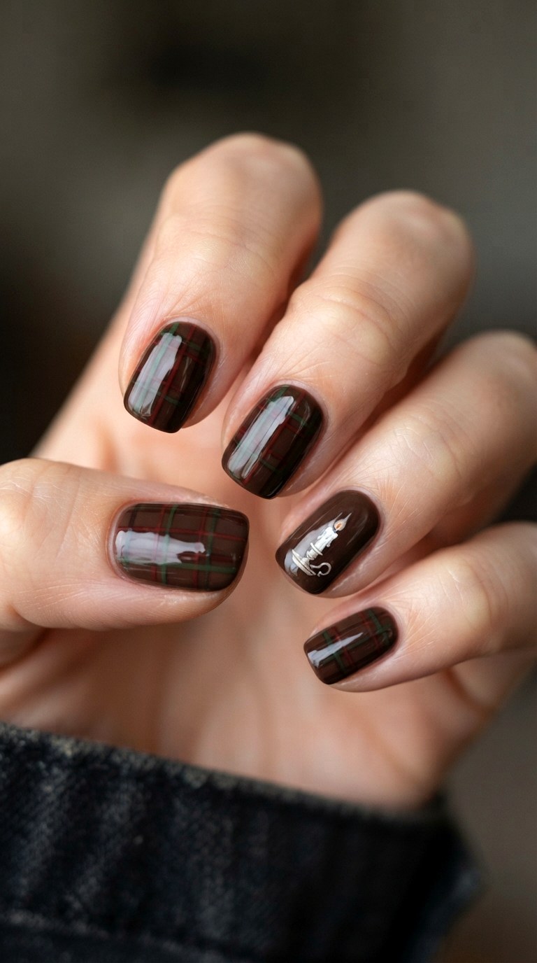 Dark Academia Plaid Library Nail Art - 21 back to school nail art design