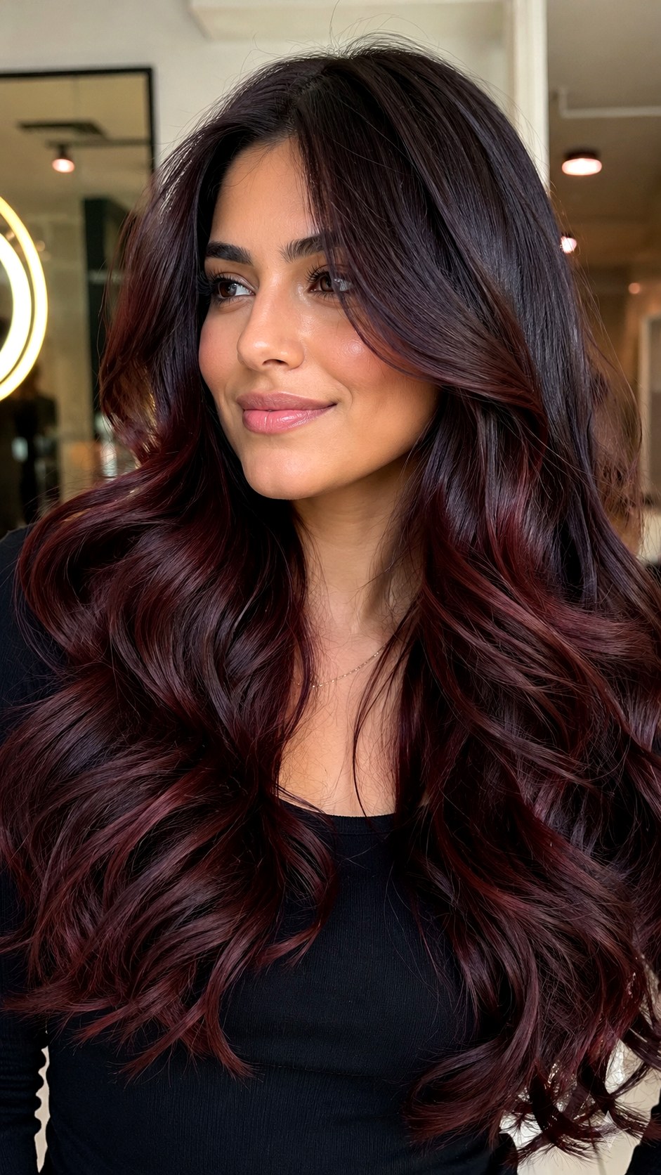 Dark Chocolate Cherry Swirl - 23 Hair Color Ideas for Olive Skin