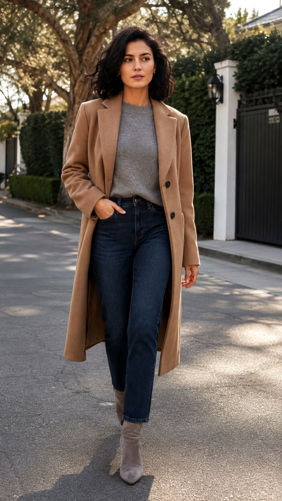 Dark Denim Button Coat Style - 20 elegant jean outfit ideas
