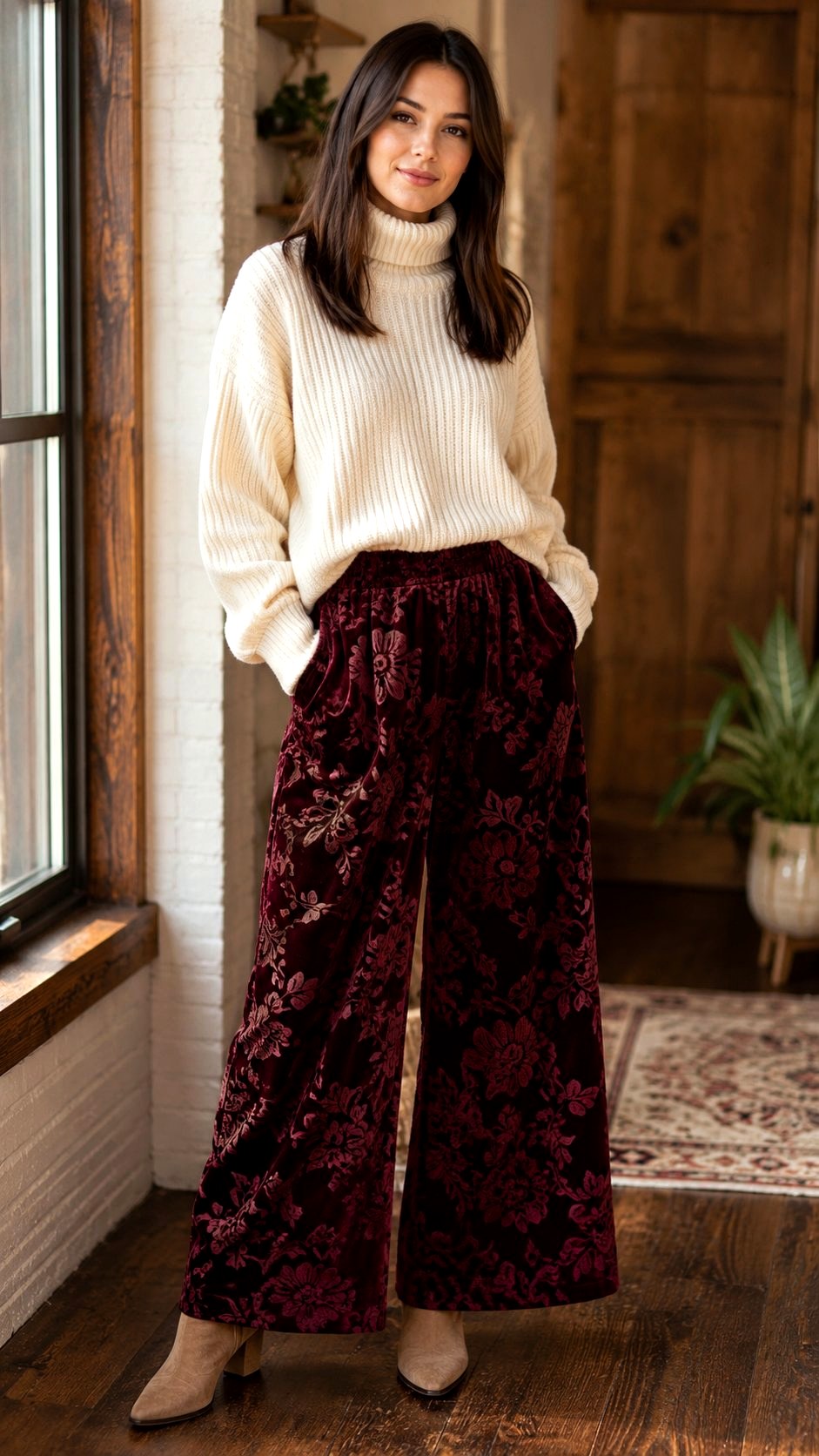 Deep Burgundy Velvet Floral Palazzo Pants - 20 floral palazzo ideas