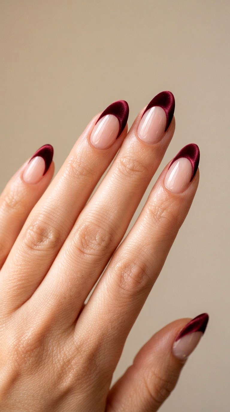 Deep Burgundy Velvet French Tips - 24 thick french tip nail art designs