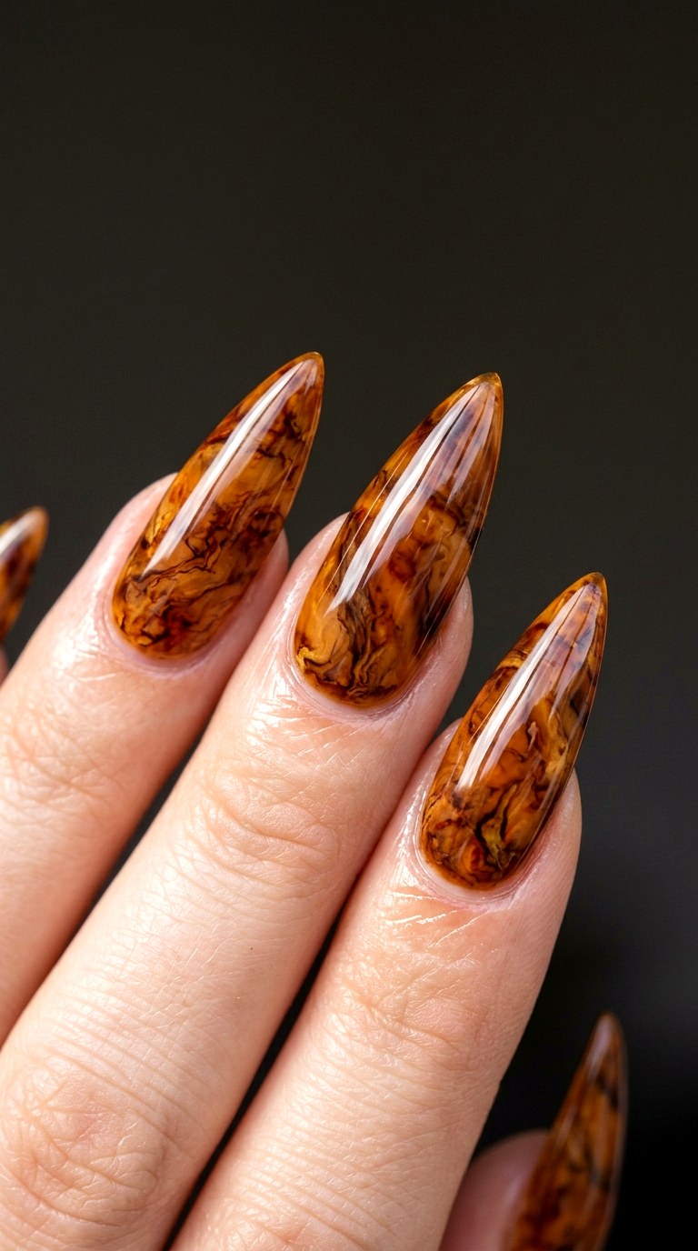 Deep Caramel Stiletto Marble Nails - 22 Glossy Amber Marble Nails