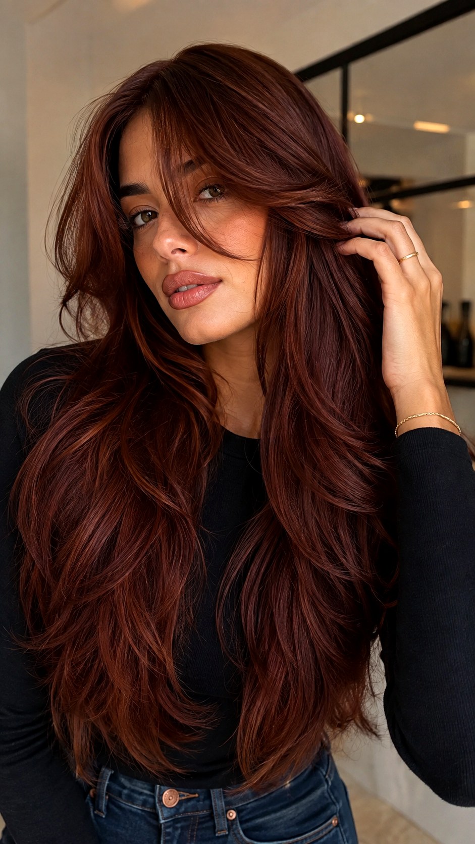 Deep Mahogany Soft Layers - 23 curtain bangs copper hair ideas