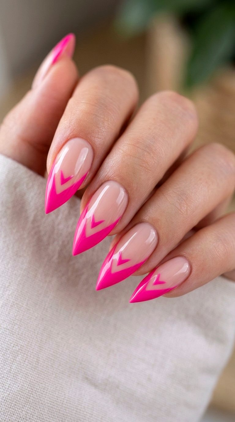 Deep V Shaped Bright Pink French Tip Nails - 21 bright pink french tip nails