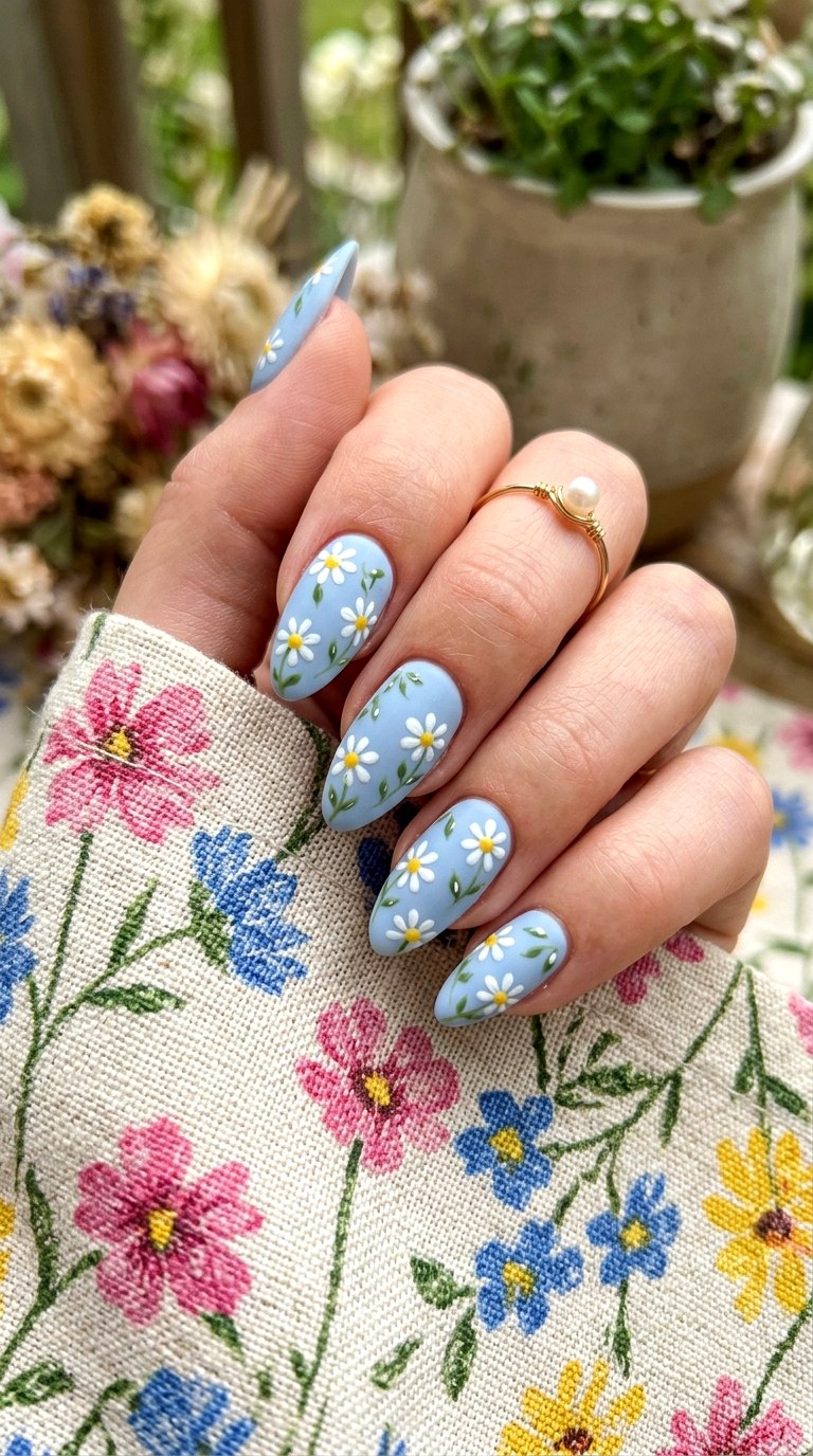 Delicate Floral Powder Blue Nail Art - 24 Powder Blue Gel Nail Ideas