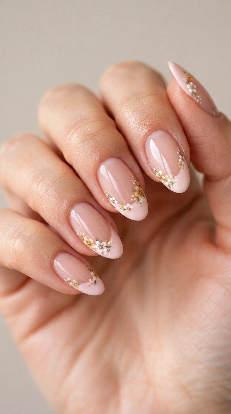 Delicate Floral Side French Tips - 21 cute french tip nail art ideas