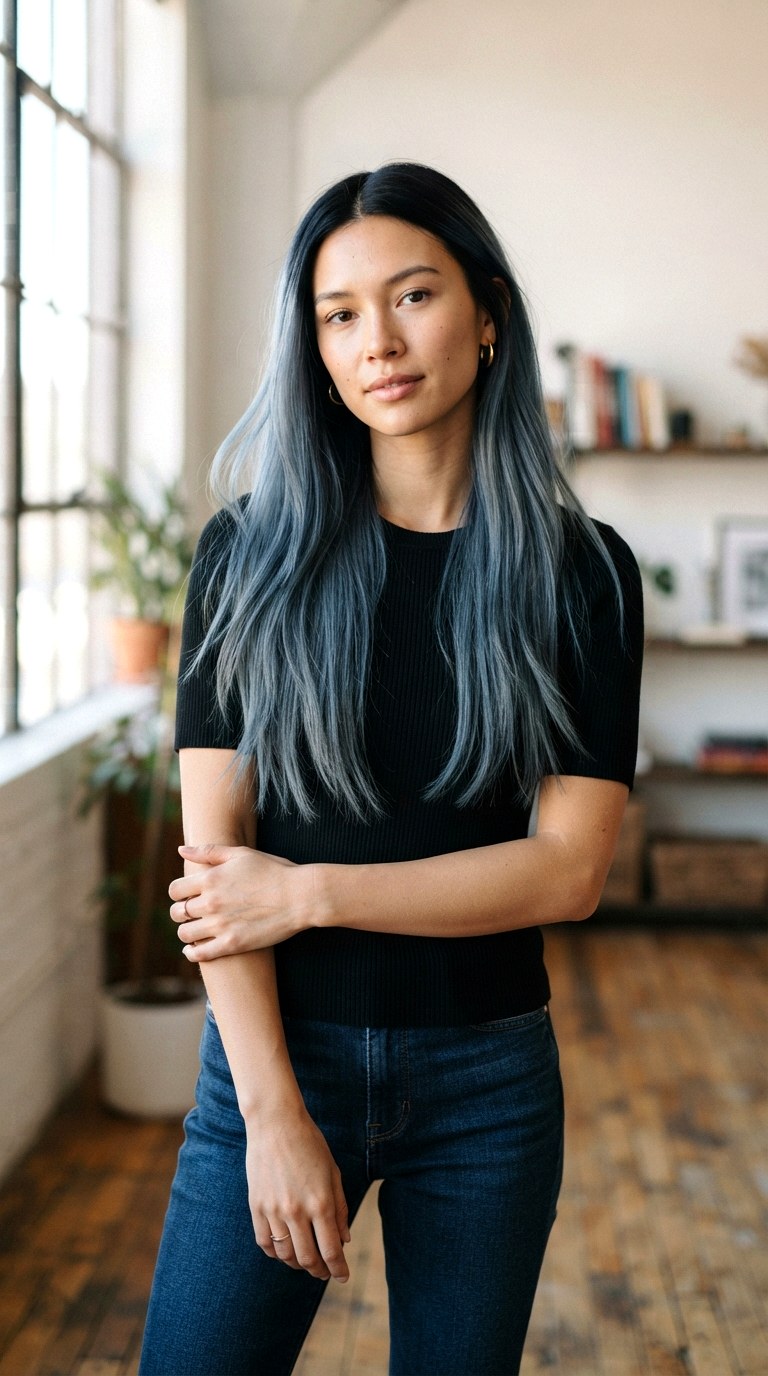 Denim Blue Midnight Roots - 22 long hair dye ideas