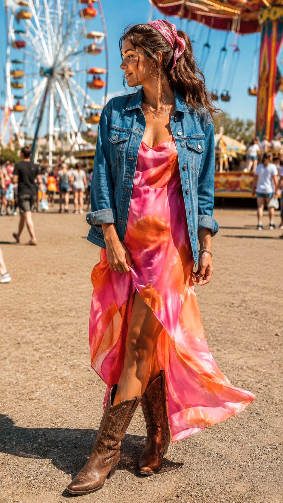 Denim Jacket and Cowgirl Boots - 25 Orange & Pink Slip Dress Ideas