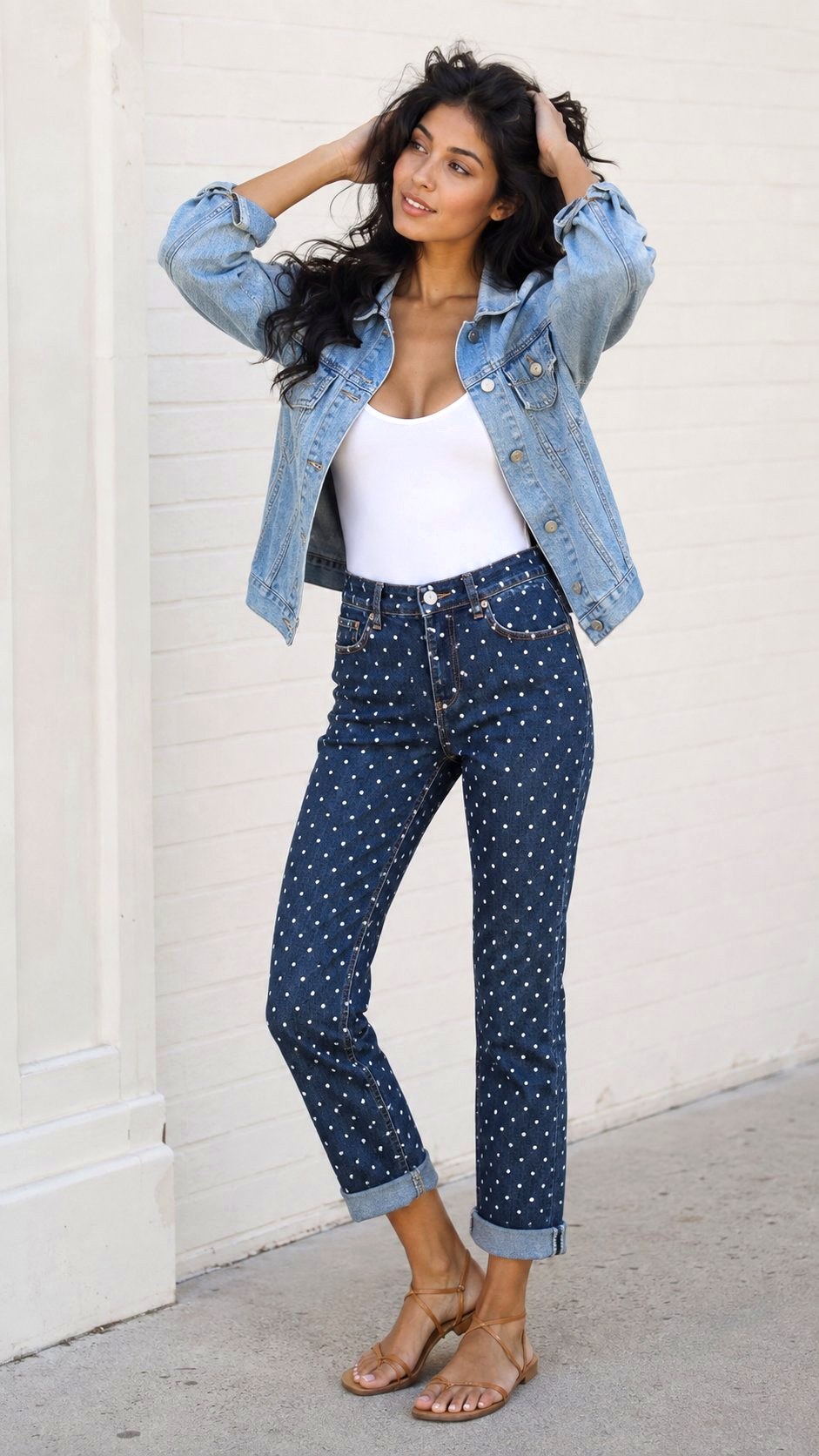 Denim Jacket and Polka Dot Jeans - 20 printed jeans ideas