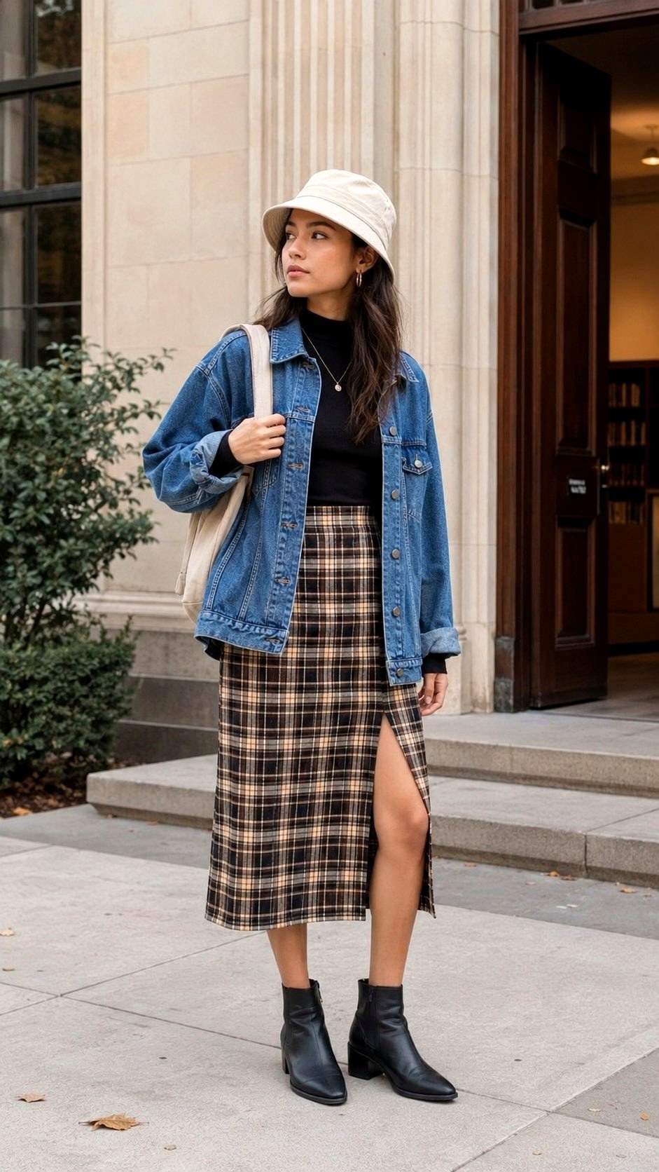 Denim Jacket with Plaid Midi Skirt - 21 Back to School  And High School Outfit Ideas