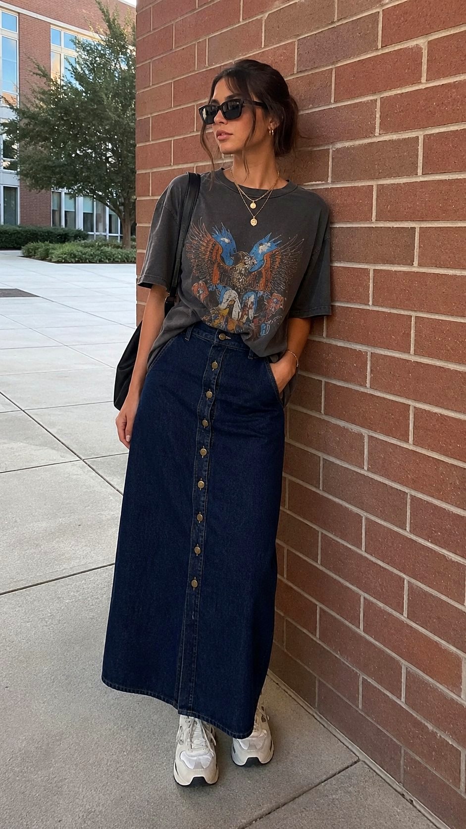Denim Maxi Skirt with Graphic Tee - 21 Back to School  And High School Outfit Ideas