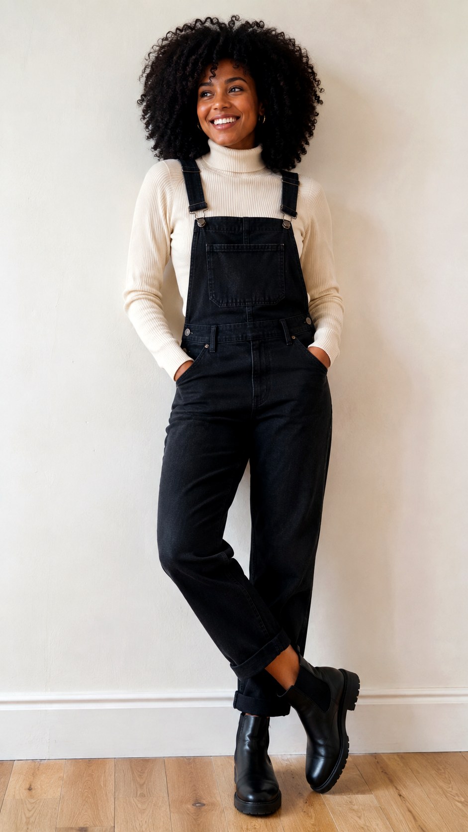 Denim Overalls Turtleneck Layering - 20 elegant jean outfit ideas