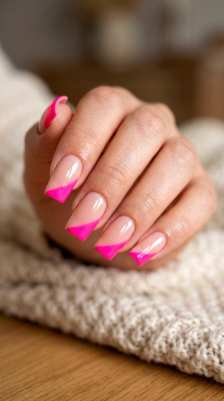 Diagonal Bright Pink French Tip Nails - 21 bright pink french tip nails