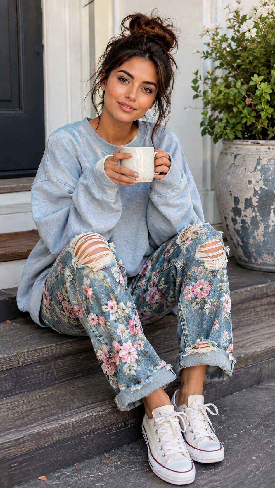 Distressed Floral Boyfriend Jeans - 22 floral jeans outfit ideas