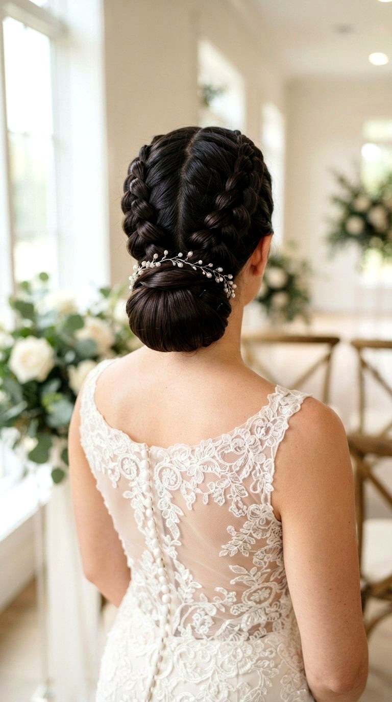 Double Braided Low Bun - 20 low bun hairstyles ideas