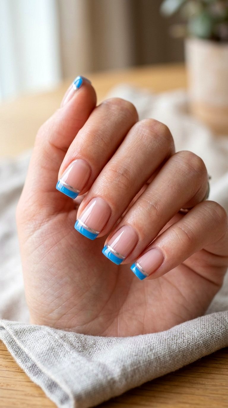 Double Lined Bright Blue French Tip Nails - 21 bright blue french tip nails