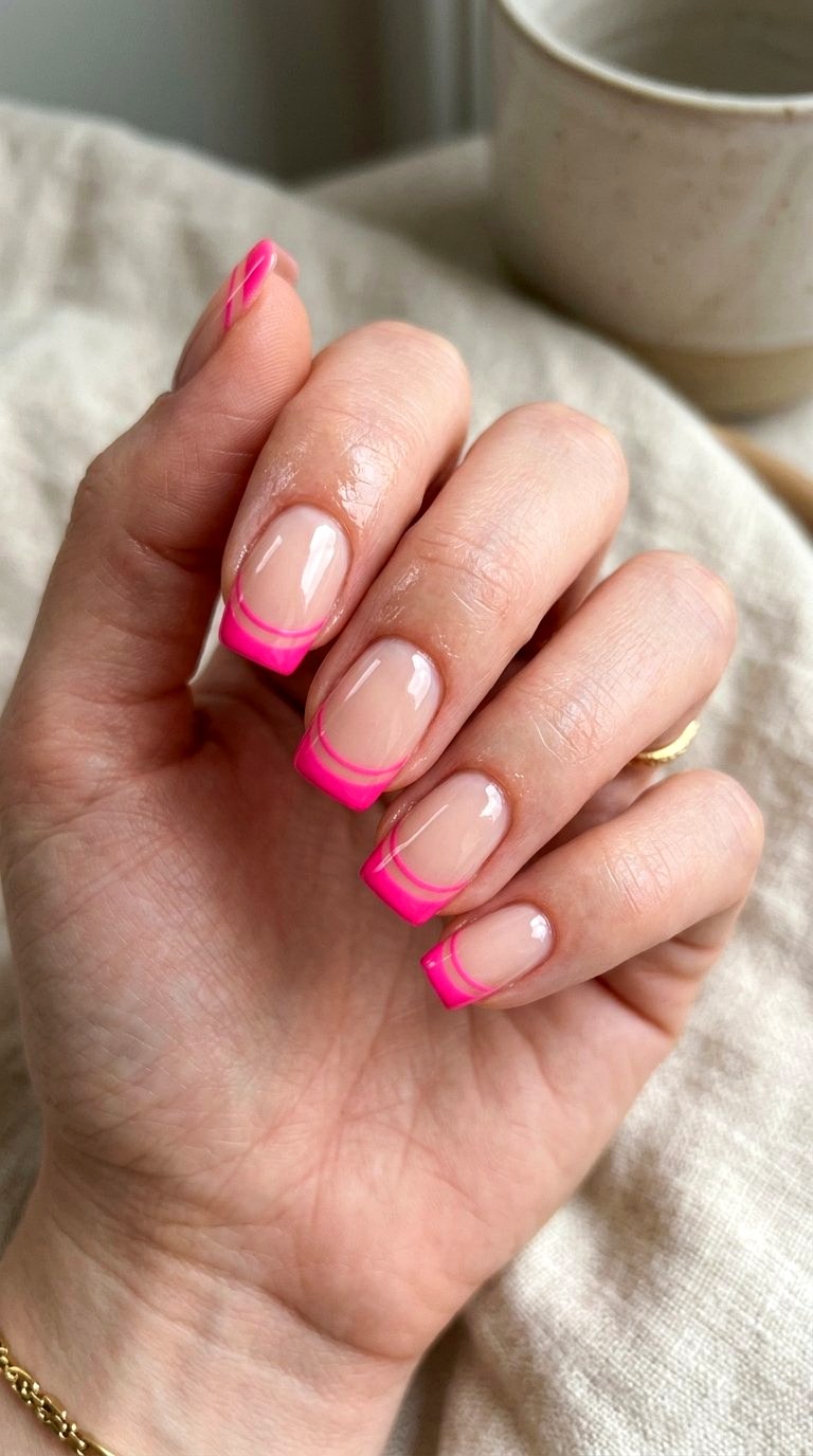 Double Lined Bright Pink French Tip Nails - 21 bright pink french tip nails
