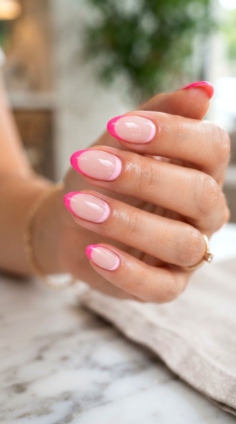 Double Toned Bright Pink French Nails - 22 bright pink french nails